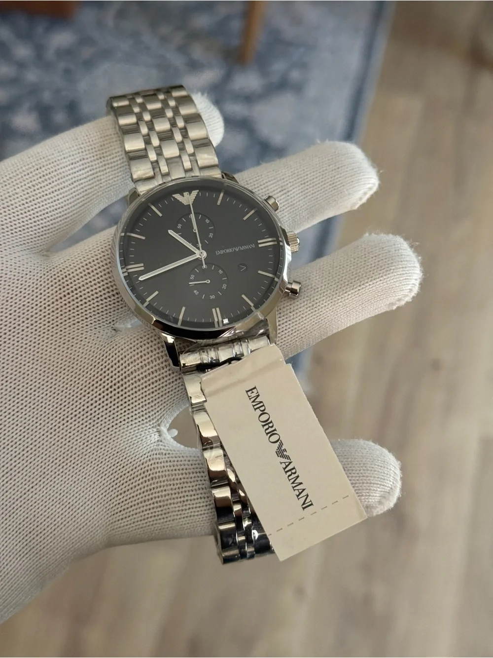 Emporio Armani Silver and Black Men's Chronograph Watch